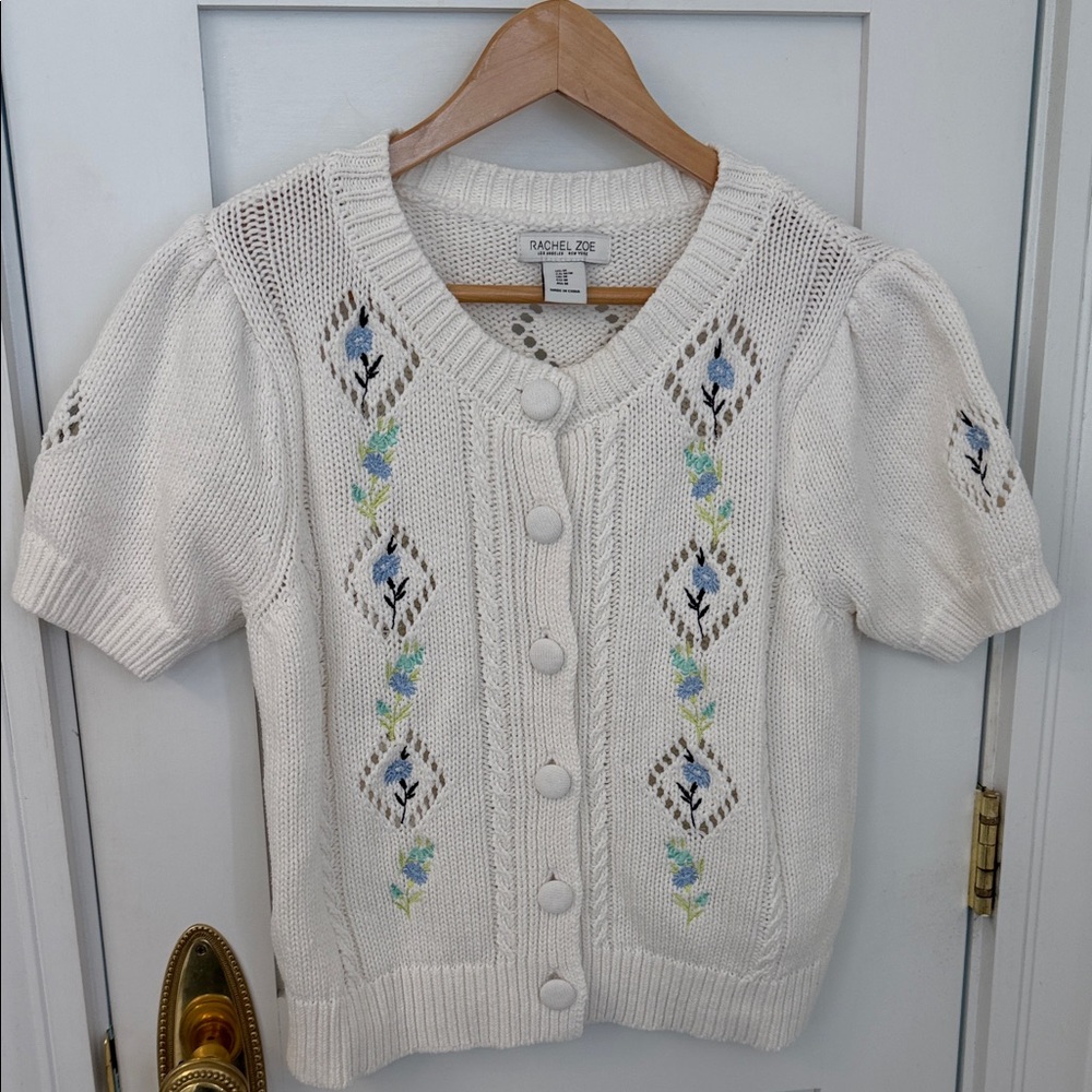 Rachel Zoe Cream Short Sleeve Knit Cardigan with Blue & Green Floral Stitching
